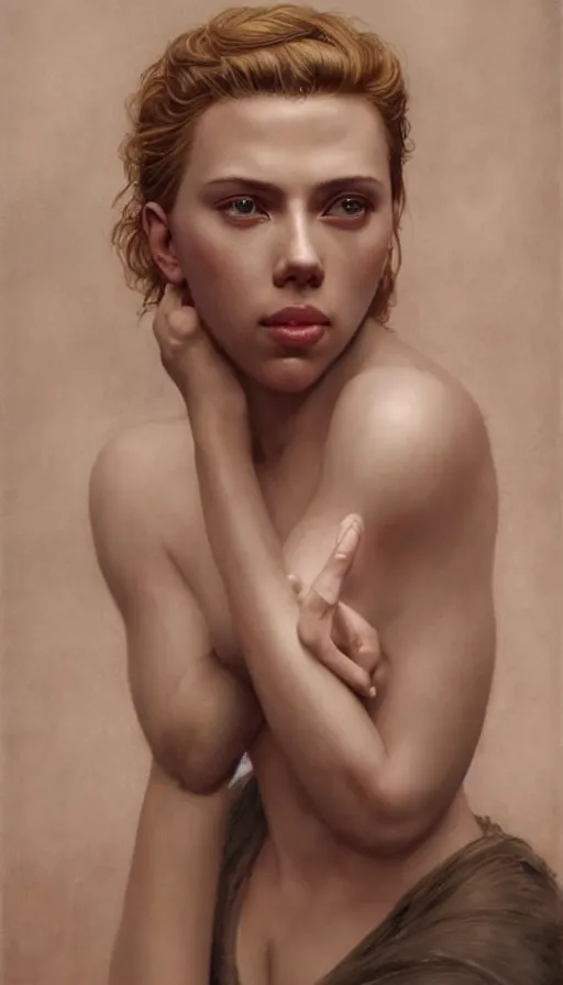 Image similar to epic masterpiece portrait of scarlett johansson, sweaty skin, hyperrealistic, octane render, cinematic, beautiful face and flawless skin, perfect hands, 5 fingers, bronze by Edgar Maxence and Ross Tran and Michael Whelan