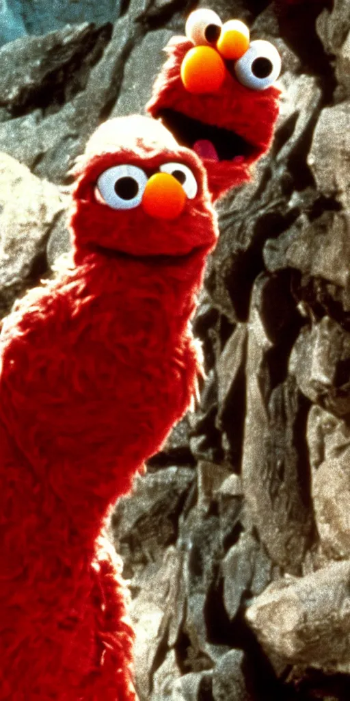 Prompt: a still of Elmo in Indiana Jones 1981