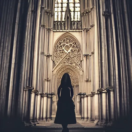 Image similar to 2 4 mm architectural shot gothic girl dressed in black, behind her a gothic cathedral, dramatic lights, dark ambients, the windows of the cathedral are reflecting red flame lights, golden hour, detailed face, intricate ornaments