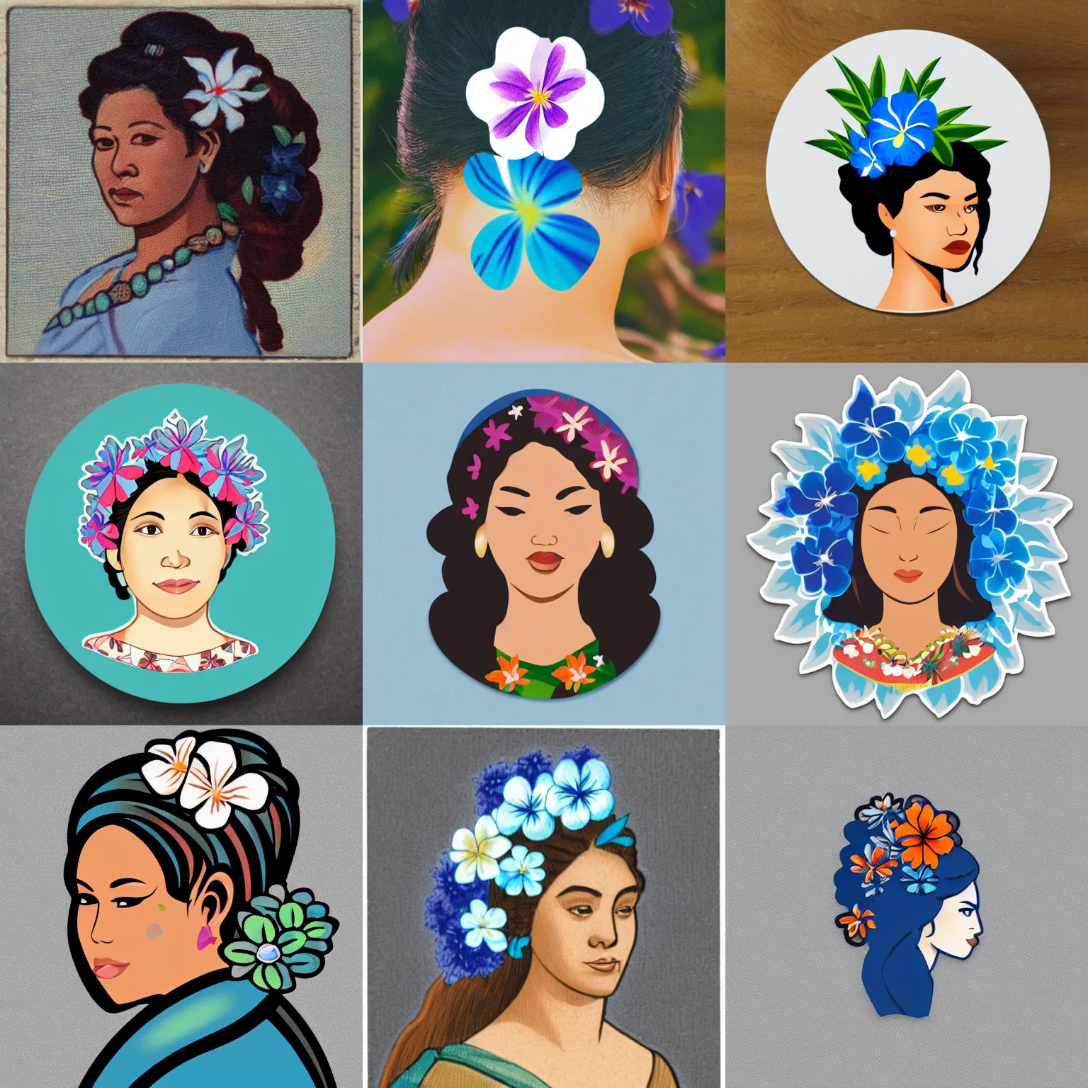 Prompt: catroon sticker of hawaiian woman with blue flower in her hair with white border on gray background