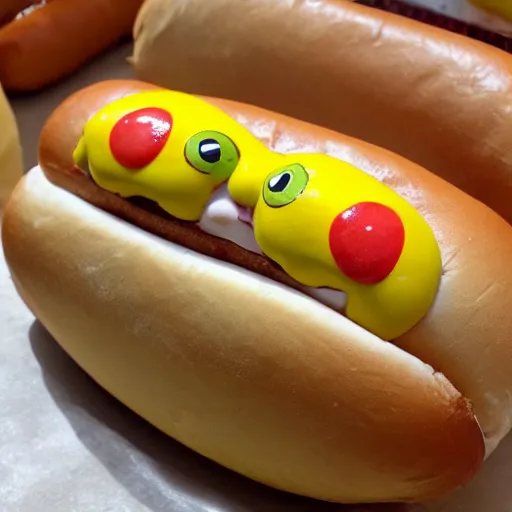 Image similar to pepe the frog in a hot dog bun covered in mustard x 4