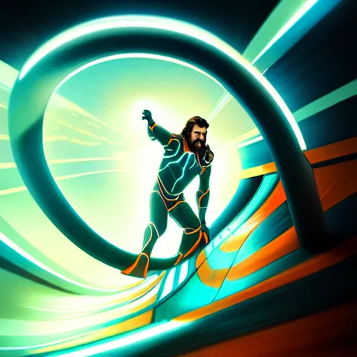 Image similar to tron legacy jesus riding waterslide, face closeup, laughing, diffuse lighting, hyper realistic, concept art, intricate, hyper detailed, smooth, sharp focus, illustration, trending on artstation, art by greg rutkowski and james gurney and alphonse mucha