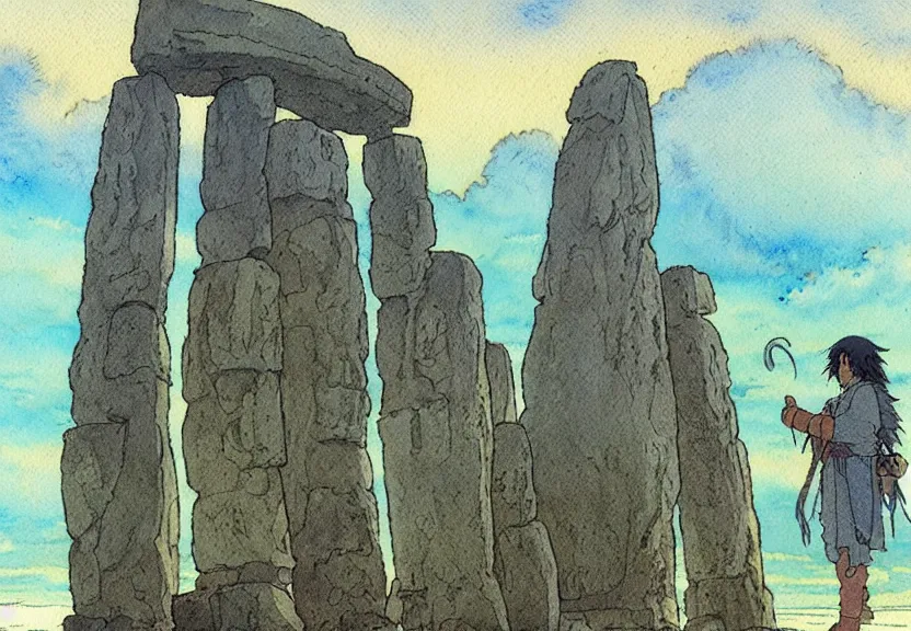 Prompt: a simple watercolor studio ghibli movie still fantasy concept art of a giant native american man standing in stonehenge in the ocean. it is a misty starry night. by rebecca guay, michael kaluta, charles vess