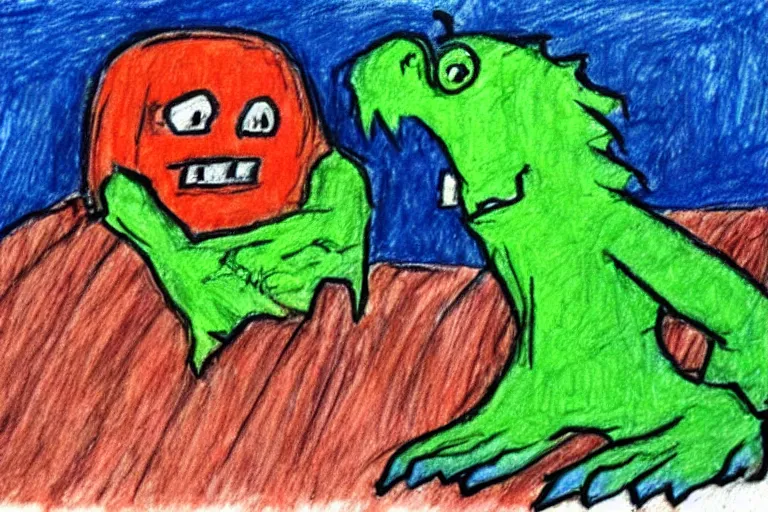 Prompt: a childs crayon drawing of the monster that lives under his bed, horror!!, terror!!!