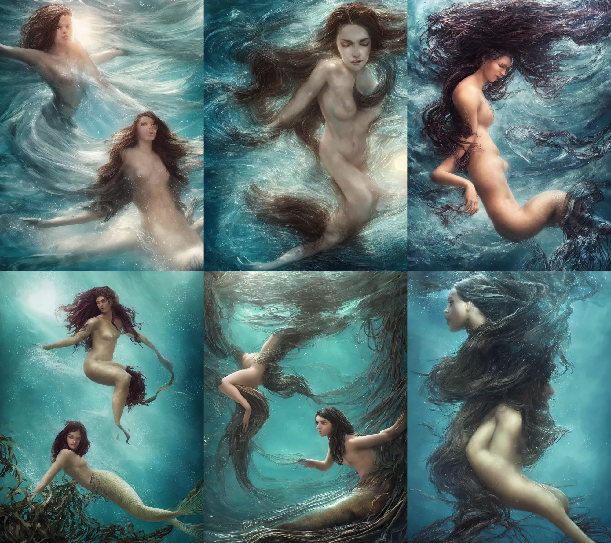 Prompt: hyperrealist photography of a fantastical mermaid with dark hair, she is swimming in an ethereal ocean, natural lighting, sun through kelp, cinematic, highly detailed, sharp focus, intricate concept art, digital painting, ambient lighting, 4k, artstation