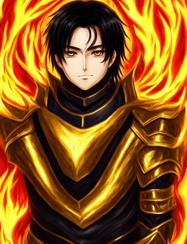 Image similar to a detailed manga portrait of a black haired man with hazel eyes in gleaming golden armour that burns with golden fire, trending on artstation, digital art, 4 k resolution, detailed, high quality, sharp focus, hq artwork, coherent, insane detail, character portrait