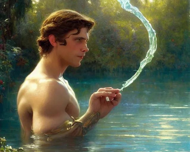 Image similar to attractive male wizard casting water spell in a beautiful lake. highly detailed painting by gaston bussiere, craig mullins, j. c. leyendecker 8 k