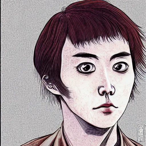 Prompt: a self-portrait of jung jaehyun in the art style of junji ito, color restoration,