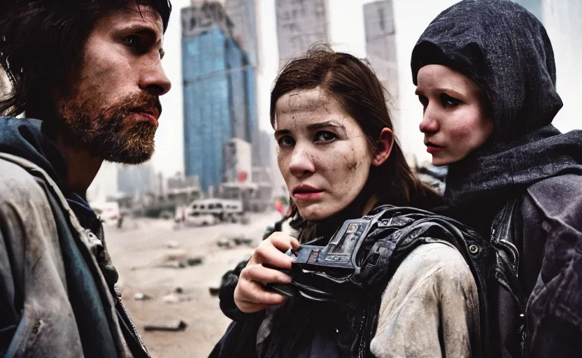 Prompt: cinestill 5 0 d photographic portrait by helen levitt of a white and mixed female android adult couple wearing rugged black techwear in a brilliant cyberpunk city, extreme closeup, modern cyberpunk, dust storm, 8 k, hd, high resolution, 3 5 mm, f / 3 2, ultra realistic faces, intricate detail, ex machina
