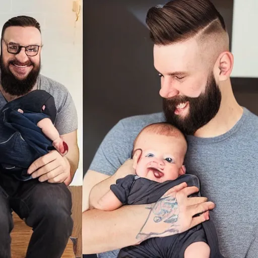 Image similar to a photo of a white man with a mid fade haircut and level 1 clipper beard that is happy with his 3 month year old baby boy.