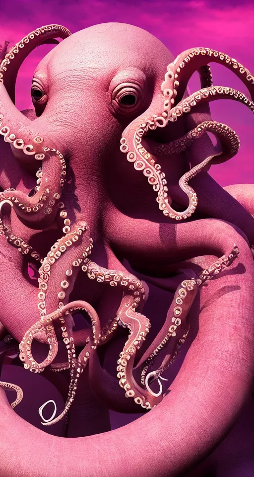 Image similar to A octopus centered-photograph of a pink elephant, film still, dynamic action pose, National Geographic, insane detail, intricate, highly detailed, Zeiss Lens, DSLR photography, smooth, sharp focus, Unreal Engine 5, Octane Render, Redshift, 8K