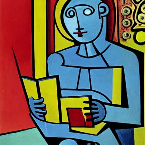 Prompt: a robot reading a book by pablo picasso