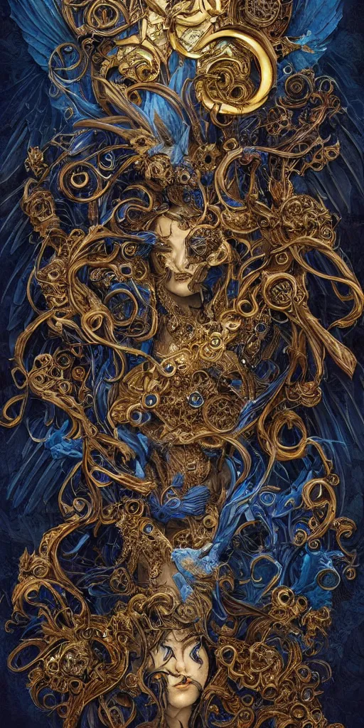 Prompt: a stunning interpretation of raven, highly detailed and intricate, golden ratio, blue colors, hypermaximalist, ornate, luxury, elite, horror, creepy, ominous, haunting, matte painting, cinematic, cgsociety, james jean, brian froud, ross tran