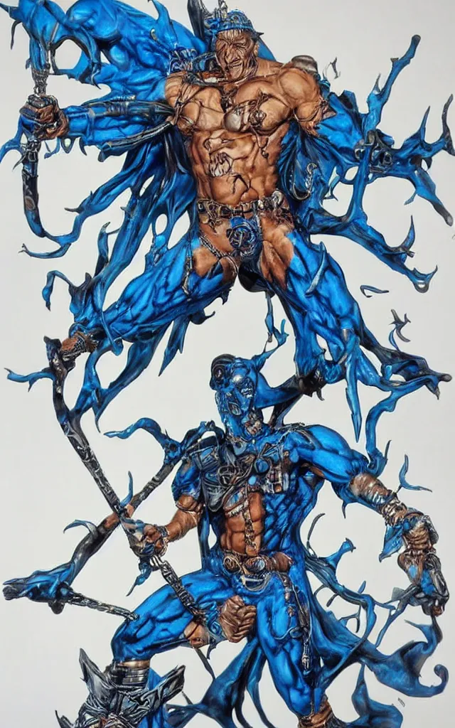 Prompt: blue djinn in the sky heavy metal airbrush iron spike fantasy 80s by simon bisley detailed, masterpiece