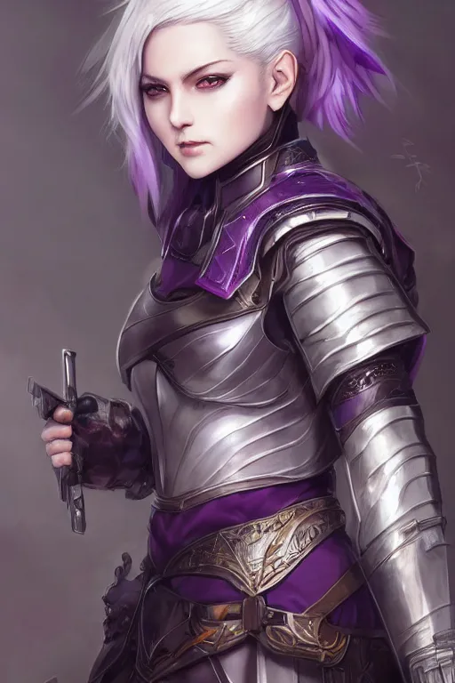 Image similar to A realistic anime portrait of a short white haired female rogue wearing an intricate medium armor, middle eastern, purple eyes, digital painting, by Stanley Artgerm Lau, Sakimichan, WLOP and Rossdraws, digtial painting, trending on ArtStation, SFW version