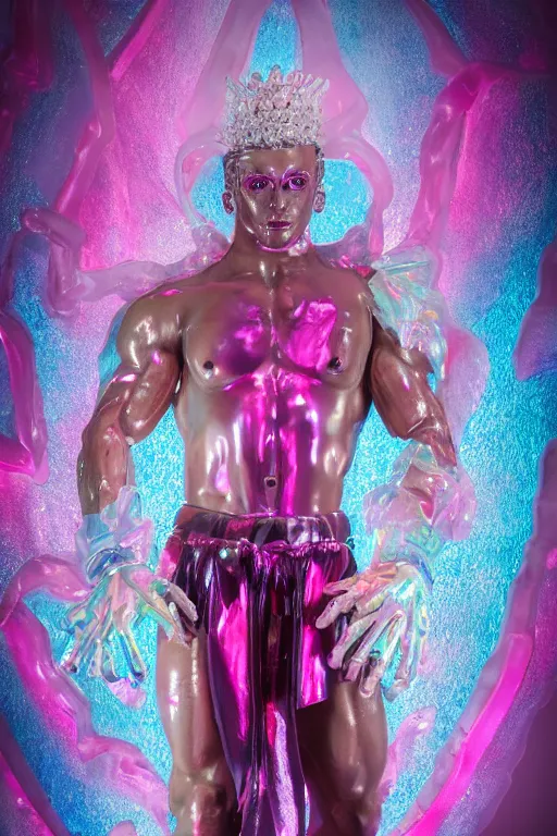 Image similar to hyper detailed ultra sharp fullbody photo of baroque and cyberpunk transparent pink gem sculpture of a muscular seductive muscular italian guido feeling muy cachondo, muy dotado, iridescent humanoid deity wearing pink plastic seethrough cloak, holding a rainbow tiger gem, blue diamond, glowing pink face, crown of white diamonds, cinematic lighting, photorealistic, octane render 8 k
