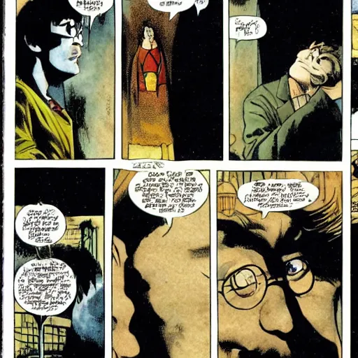 Prompt: comics Harry Potter talking to the Sandman in The Sandman comic, by Neil Gaiman, by Dave McKean, comics Sandman, small details, whole-length, clear faces