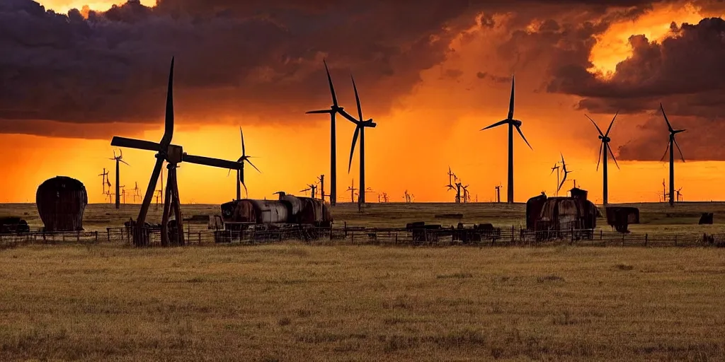 Image similar to photo of a stormy west texas sunset, perfect rustic pumpjack!, ( ( ( wind turbine ) ) ), abandoned train!!, horses!!!!!!, cows!!!!!!, high resolution lightning, golden hour, high detail, beautiful!!!