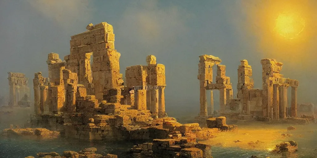 Prompt: big enormous ancient temple ruins beautiful artwork detailed painting by ivan aivazovsky by greg rutkowsky