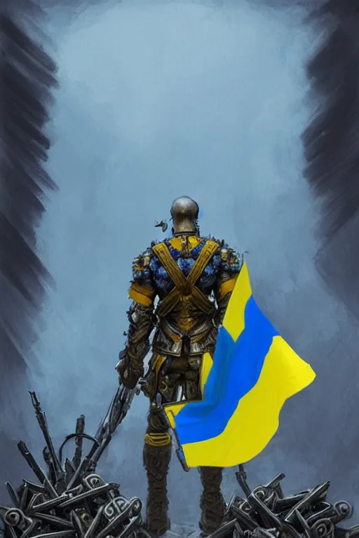 Image similar to a distant shot from behind of a Ukrainian super soldier with blue and yellow flag behind him standing alone on a huge pile of skulls as a winner, masculine muscular figure, D&D, fantasy, intricate, elegant, highly detailed, extremely detailed, digital painting, artstation, concept art, matte, sharp focus, symmetrical, illustration, art by Artgerm and Greg Rutkowski and Alphonse Mucha