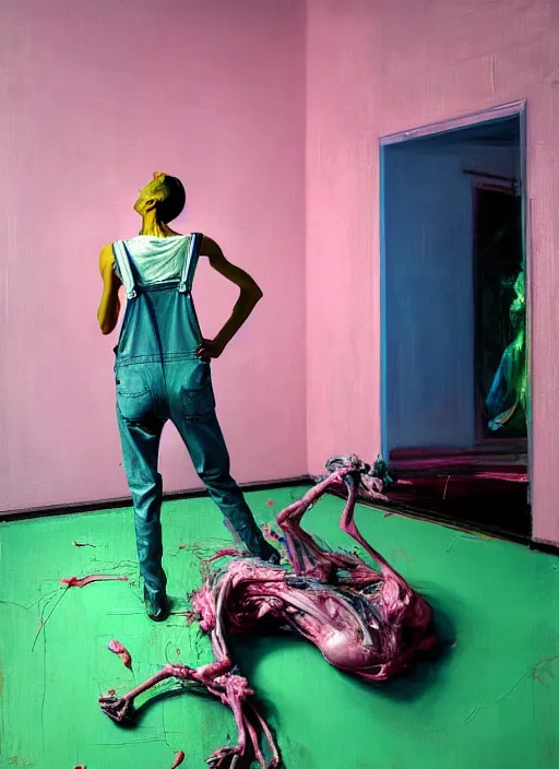 Image similar to an insane, skinny, artist wearing overalls, expressive painting the walls inside a grand messy studio, depth of field, hauntingly surreal, highly detailed painting by francis bacon, edward hopper, adrian ghenie, glenn brown, and james jean, soft light 4 k in pink, green and blue colour palette, cinematic composition,