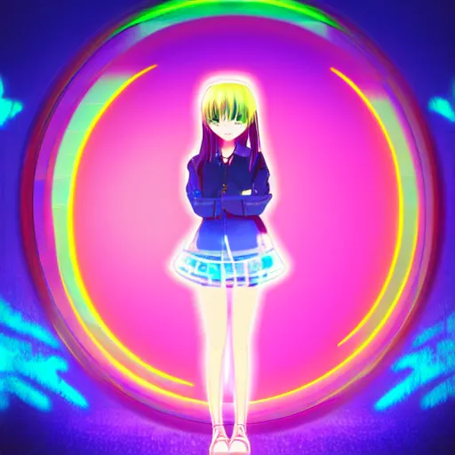 Prompt: digital anime art, award winning render, high school girl standing in a futuristic city , neon lights create a colorful rim around her. 40mm lense, gaussian blur