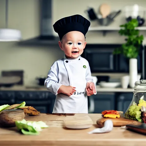 Image similar to tiny and innocent baby yoda appears as a chef wearing a white chefs hat and apron in a beautiful kitchen, preparing some food