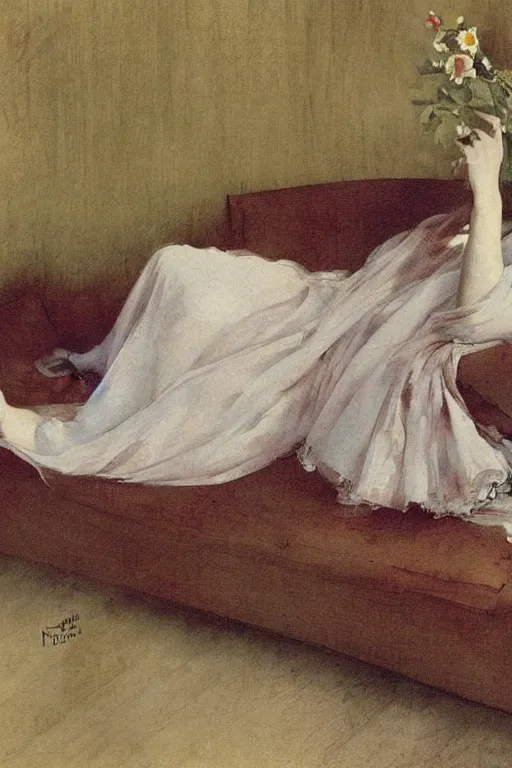 Prompt: european woman in a gown laying on couch, bloom flowers, modern, eclectic, illustration, by ramon casas