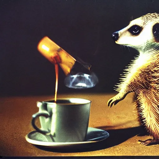 Prompt: meerkat drinking coffee, hedgehog drinking martini, cinematic, kodachrome