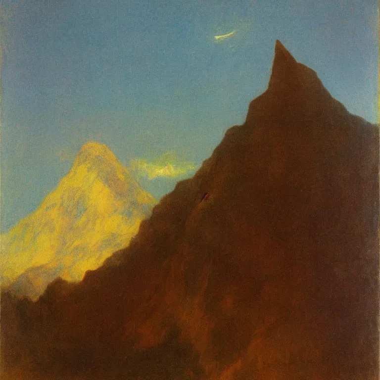 Image similar to zarathustra look up at the magic mountain, before dawn, oil painting, abbott handerson thayer, blue palette