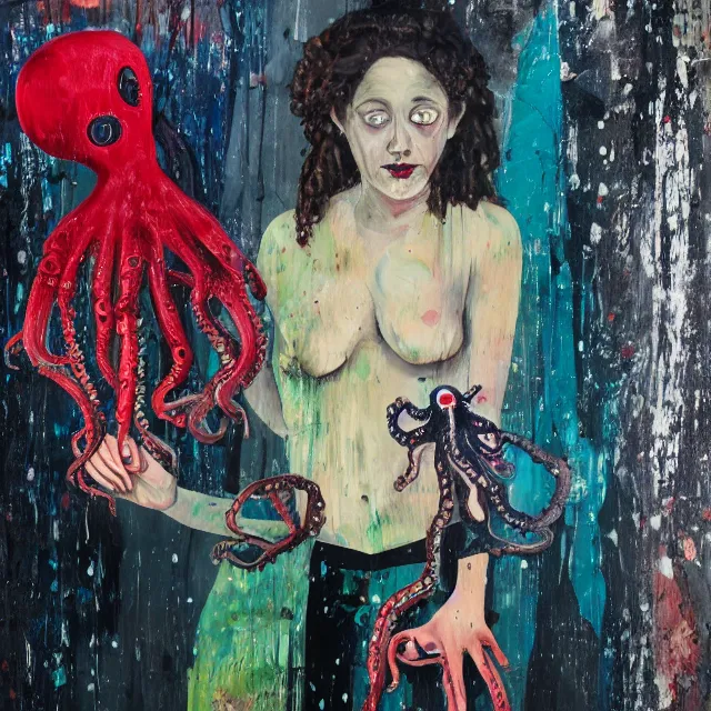 Image similar to a portrait in a dark apartment, cityscape, a female art student holding an octopus, rain made of milk, berries, broken bottles, metaphysical, neo - expressionism, surrealism, acrylic and spray paint and oilstick on canvas