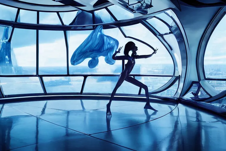 Image similar to vfx movie scene beautiful blue skin alien woman dancing in sleek futuristic decadent spaceship ballroom. giant windows view of earth obit. by emmanuel lubezki