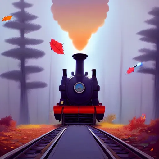 Image similar to Goro Fujita illustrating An antique steam train with a large white cloud coming out of the chimney travels through a beautiful autumn forest along the railroad tracks, art by Goro Fujita, concept art, sharp focus, ArtStation