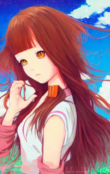 Prompt: a colorful scene of a girl with brown hair, anime, detailed background, female, trending on artstation, by studio ghibli, jazza
