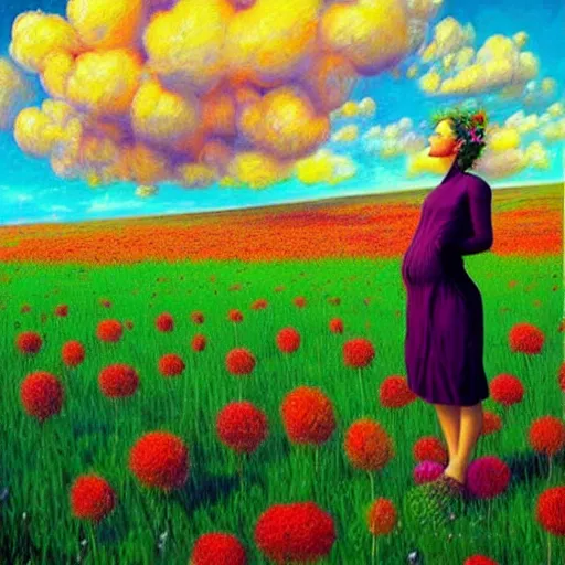 Image similar to giant flower head, frontal, woman standing in field, surreal photography, colorful clouds, impressionist painting, digital painting, artstation, rob gonsalves