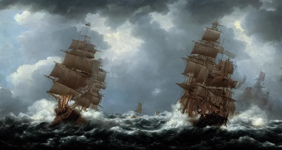 Image similar to british 1 7 0 0 s frigate surrounded by raging stormy seas by eugene von guerard, ivan shishkin, night, red lightning!!, storm!, dramatic lighting, concept art, trending on artstation, 8 k