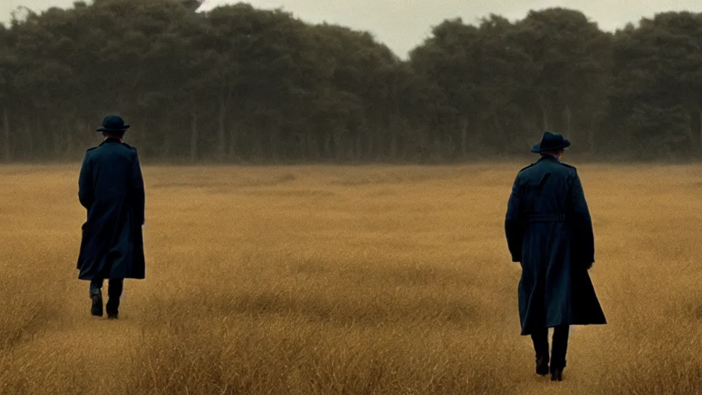 Prompt: a man in a trench coat walks to a shack in a field, film still from the movie directed by Denis Villeneuve, wide lens