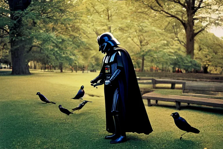 Image similar to a photograph of Darth Vader feeding the birds in a park, cinematic lighting, 35mm, morning light, national geographic, fuji velvia, highly detailed, 8k,