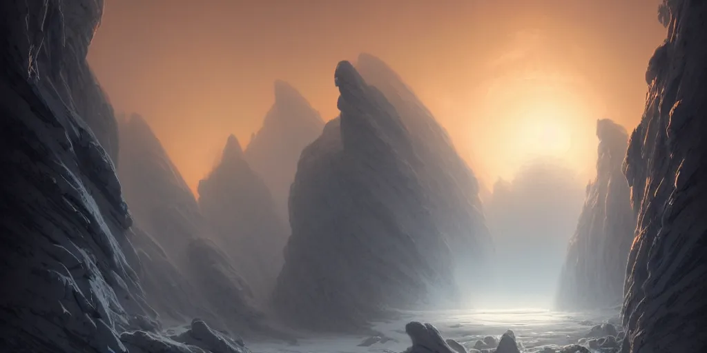 Prompt: strange surface of icy alien planet at sunset, misty, ultra high definition, ultra detailed, symmetry, sci - fi, dark fantasy, by greg rutkowski and ross tran