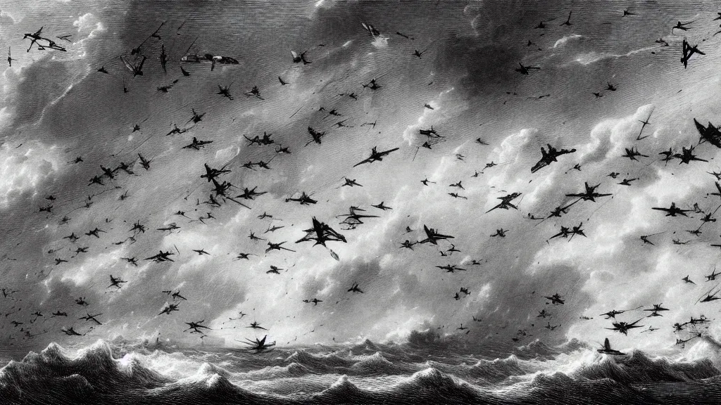 Image similar to drawing of many ornithopters flying above a stormy ocean, by gustave dore, nineteenth century, black and white, vintage, science fiction, epic composition, dramatic lighting, highly detailed, cinematic