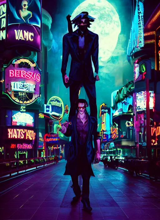 Image similar to 35mm kodak portra photograph of a shadowrun vampire on the Las Vegas strip at night by tomer hanuka and tom bagshaw, handsome face, blood, urban fantasy, hyper realism, high detail, octane render, 8k, trending on artstation, CGsociety, concept art