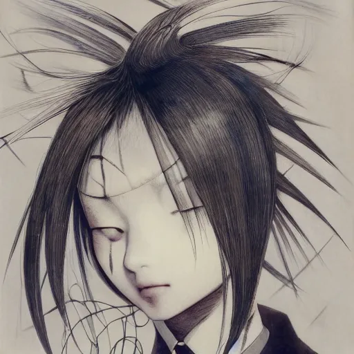 Image similar to Yoshitaka Amano realistic illustration of an anime girl with white hair and cracks on her face wearing dress suit with tie fluttering in the wind, abstract black and white patterns on the background, noisy film grain effect, highly detailed, Renaissance oil painting, weird portrait angle