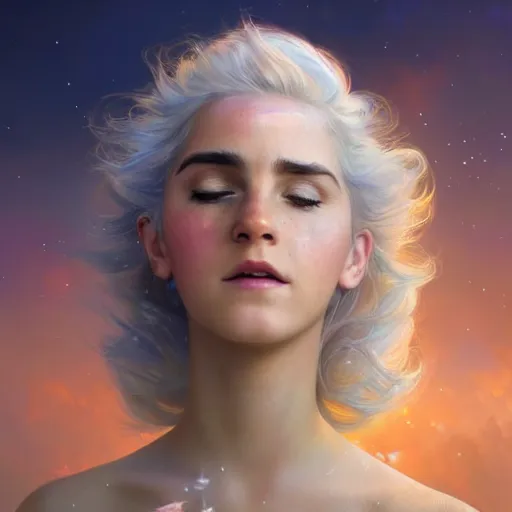 Prompt: a beautiful portrait of a beautiful cloud goddess with numerous tiny birds flying in the background and closed eyes, colorful galaxy theme colors, white hair, cloud hair, Emma Watson smiling, ultra-realistic digital art by Greg Rutkowski and Raymond Swanland, Trending on Artstation, ultra-realistic digital art