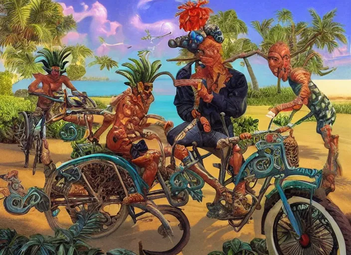 Prompt: 🌴🚲👨🏼🦱👴🏿🦋, lowbrow, 3 - d highly detailed, in the style of, gerald brom,