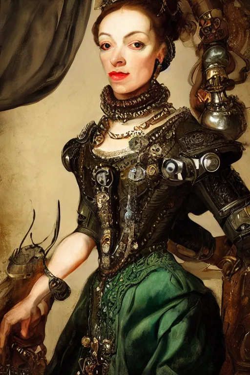 Image similar to portrait, headshot, digital painting, of a 17th century, beautiful lady cyborg merchant, dark hair, amber jewels, dark green satin clothes, baroque, ornate clothing, scifi, futuristic, realistic, hyperdetailed, chiaroscuro, concept art, art by frans hals