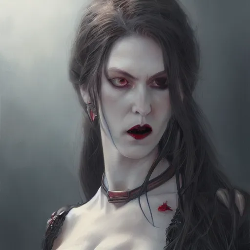 Prompt: illustration of a lady vampire, digital painting, ominous, sharp, detailed, 4k, artstation, donato giancola, Greg Rutkowski, character design