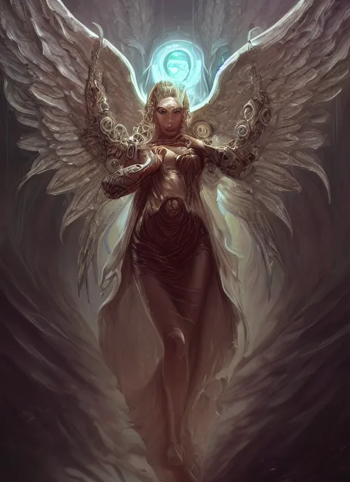 Prompt: a highly detailed illustration of lovecraftian divine angel with hundreds of eyes, horrifying floating looking down pose, intricate, elegant, highly detailed, centered, digital painting, artstation, concept art, smooth, sharp focus, league of legends concept art, wlop.