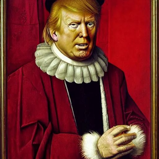 Prompt: portrait of donald trump, oil painting by jan van eyck, northern renaissance art, oil on canvas, wet - on - wet technique, realistic, expressive emotions, intricate textures, illusionistic detail