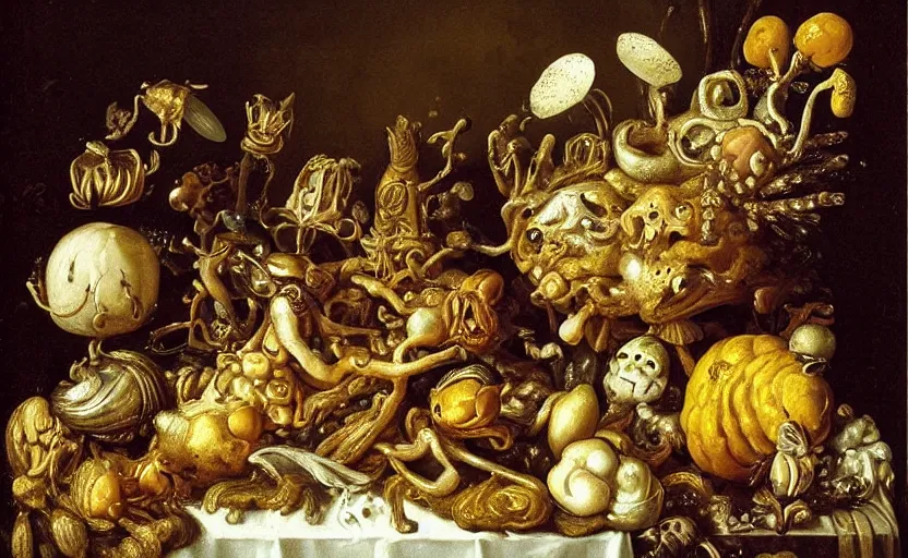 Image similar to disturbing grotesque dutch golden age vanitas still life with bizarre objects strange gooey surfaces siny metal bizarre insects rachel ruysch very detailed perfect composition rule of thirds masterpiece