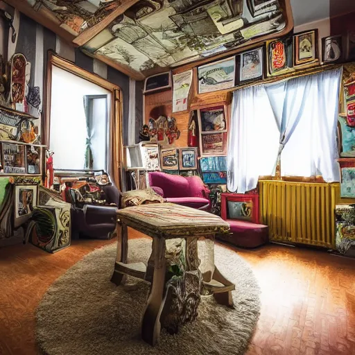 Prompt: photo of furniture upside down in a house inspired by jacek yerka, cinematic